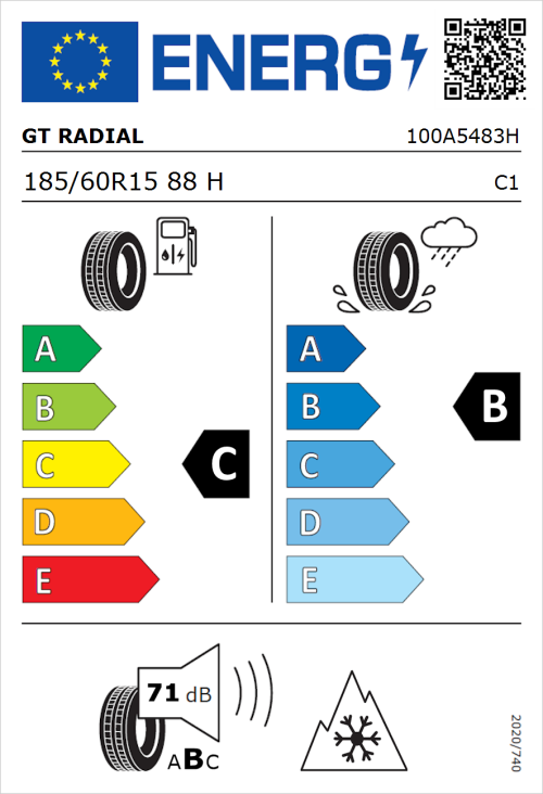 Tyre Label for GT Radial 4Seasons 185/60R15 88H