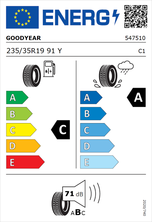 Tyre Label for Goodyear Eagle F1 SuperSport 235/35R19 91Y
