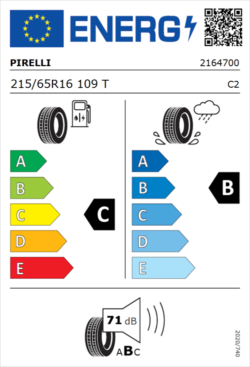 Tyre Label for Pirelli Carrier 215/65R16 109T