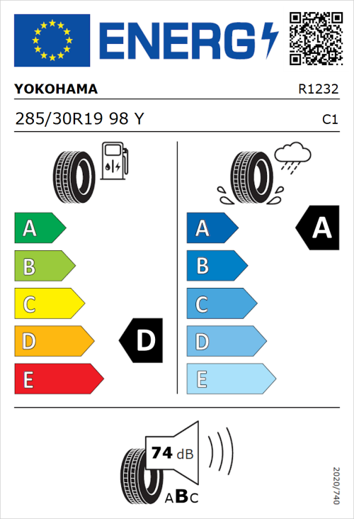 Tyre Label for Yokohama V105 285/30R19 98Y