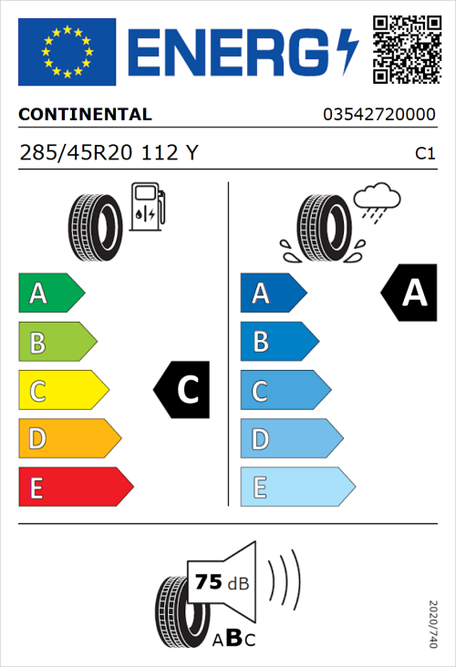 Tyre Label for Continental ContiSportContact 5 285/45R20 112Y